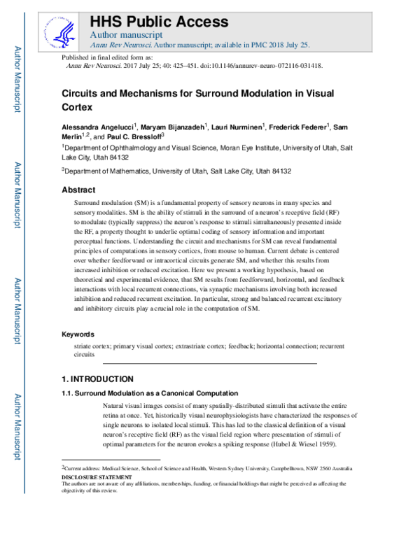 (PDF) Circuits and Mechanisms for Surround Modulation in Visual Cortex