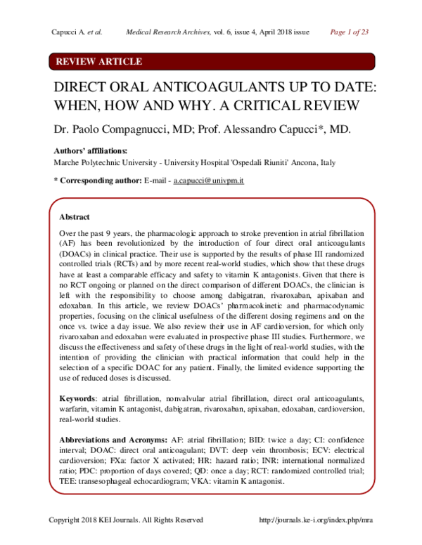 (PDF) Direct Oral Anticoagulants Up to Date: When, How and Why. A ...