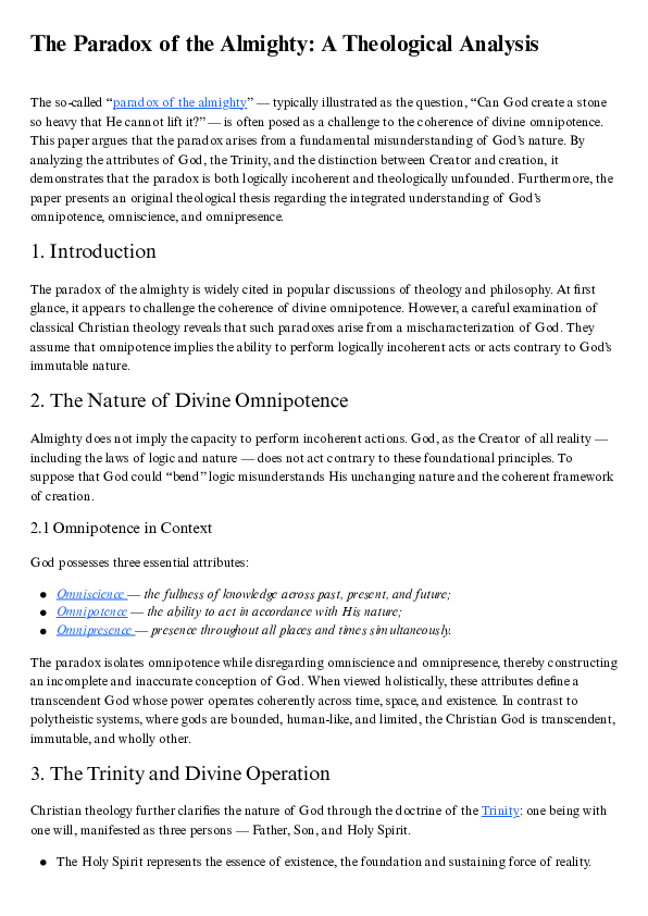 (PDF) The Paradox of the Almighty - A Theological Analysis