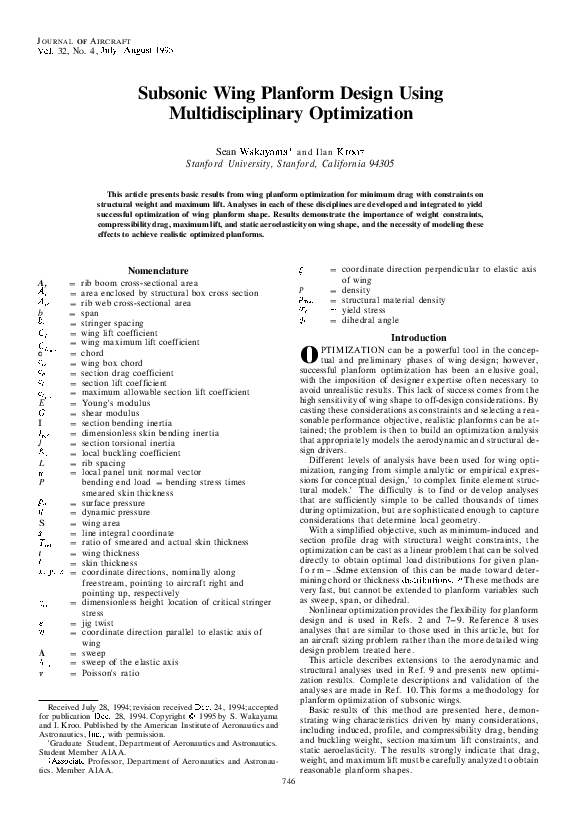 (PDF) Subsonic wing planform design using multidisciplinary optimization
