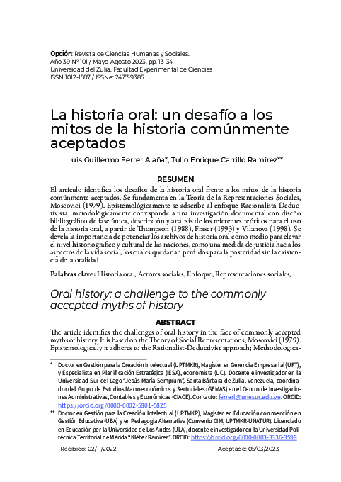 (PDF) LA HISTORIA ORAL: Un desafío a los mitos de la historia ...