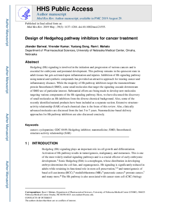 (PDF) Design of Hedgehog pathway inhibitors for cancer treatment