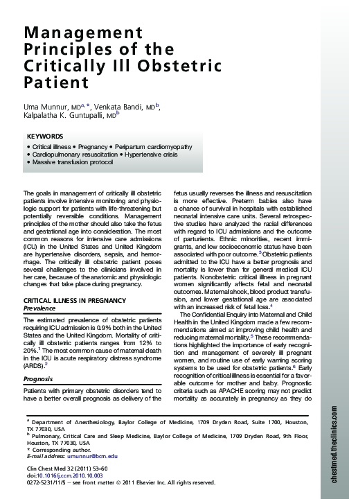 (PDF) Management Principles of the Critically Ill Obstetric Patient