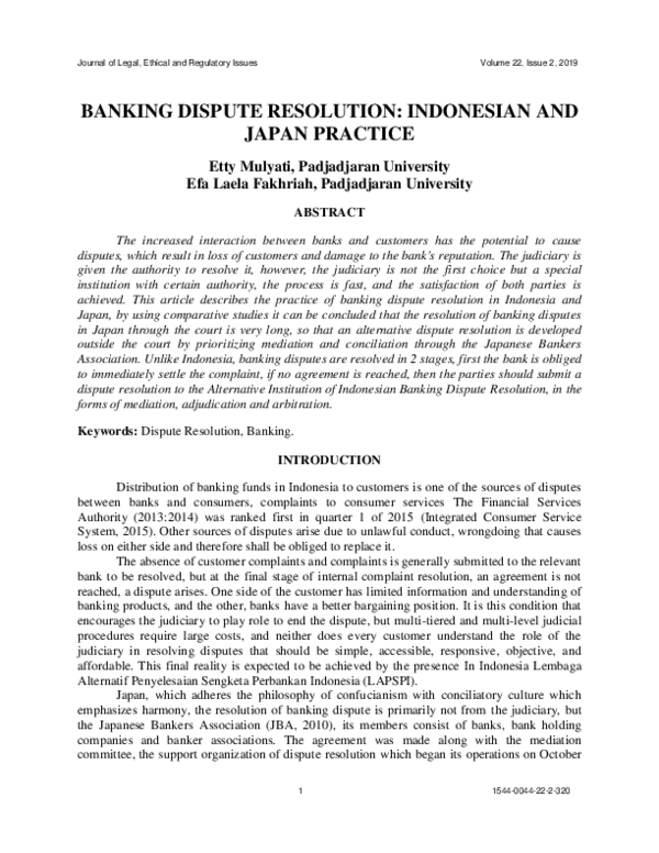 (PDF) Banking Dispute Resolution: Indonesian and Japan Practice