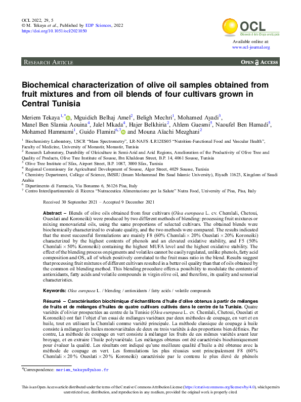 (PDF) Biochemical characterization of olive oil samples obtained from ...