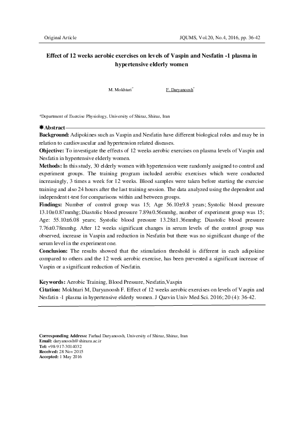(PDF) Effect of 12 Weeks Aerobic Exercises on Levels of Vaspin and ...