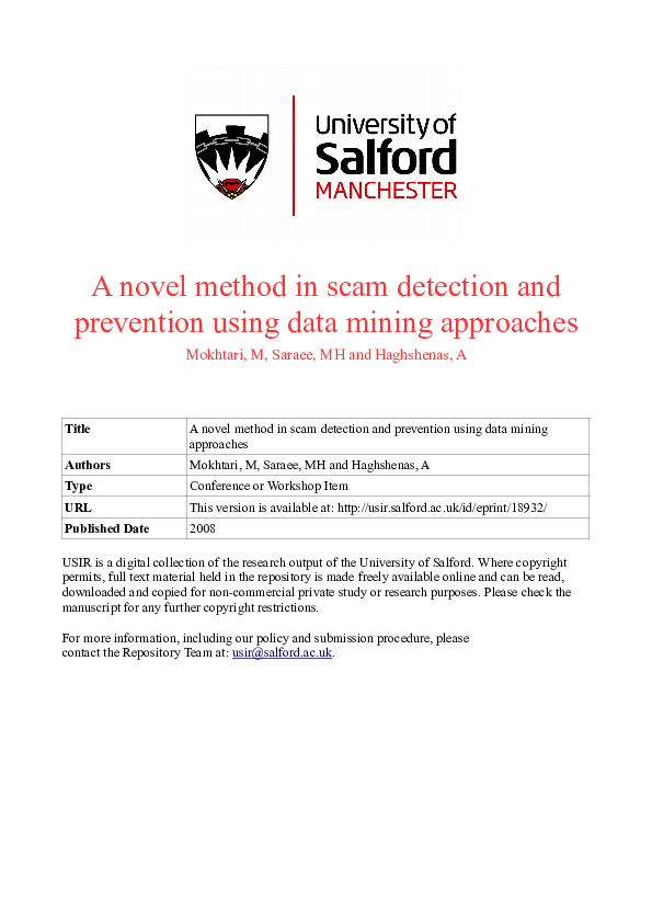 (PDF) A novel method in scam detection and prevention using data mining ...