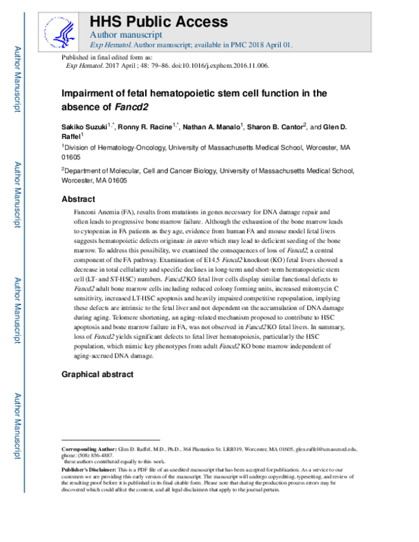 (PDF) Impairment of fetal hematopoietic stem cell function in the ...