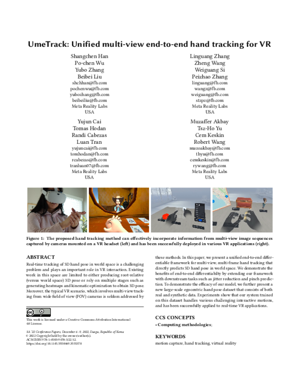 (PDF) UmeTrack: Unified multi-view end-to-end hand tracking for VR