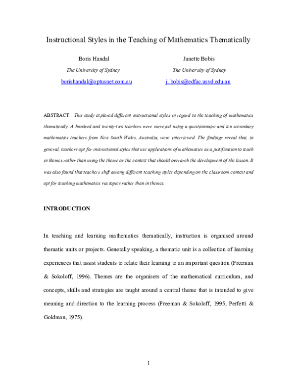 (PDF) Instructional styles in the teaching of mathematics thematically