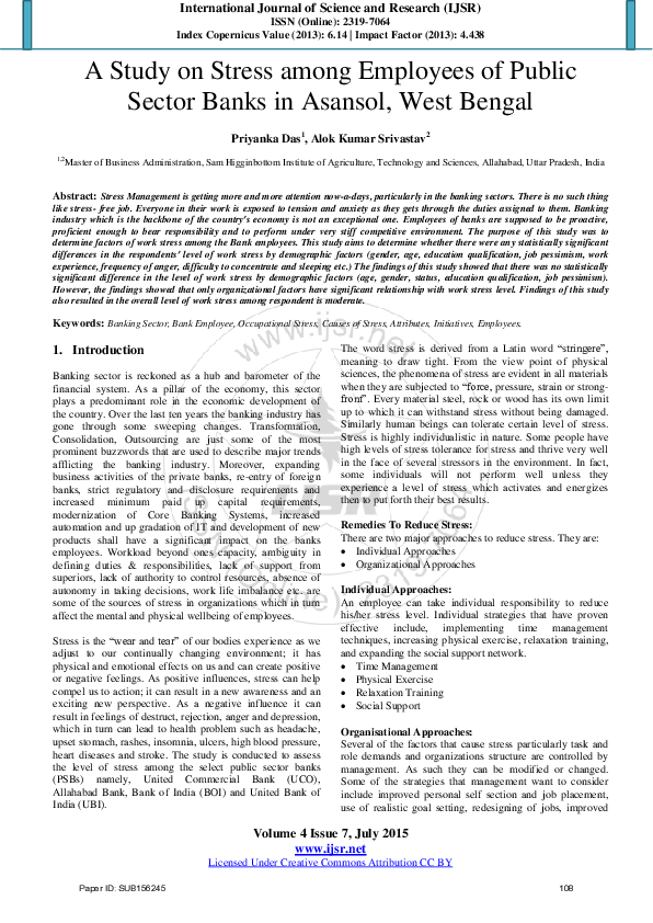 (PDF) A Study on Stress among Employees of Public Sector Banks in ...