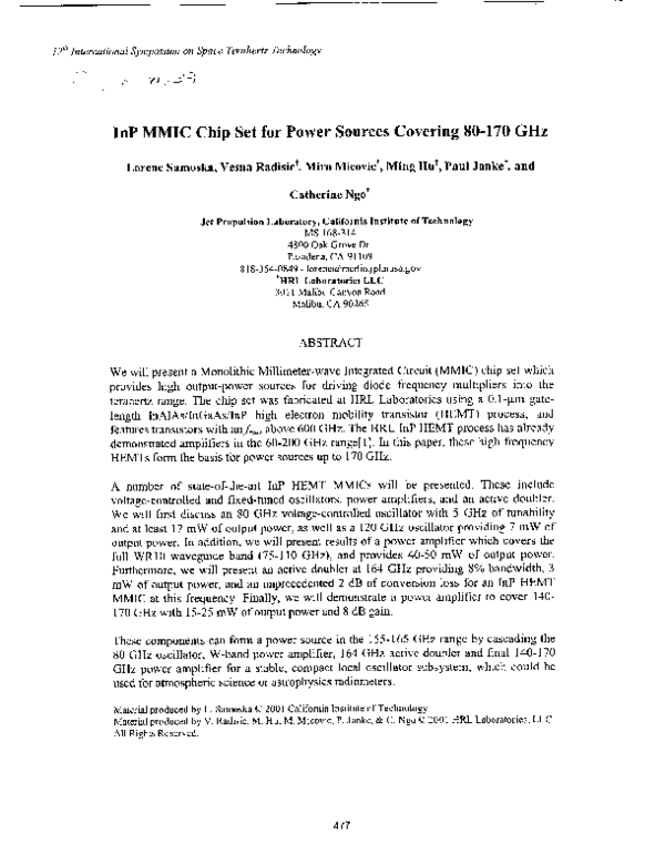 (PDF) InP MMIC Chip Set for Power Sources Covering 80-170 GHz