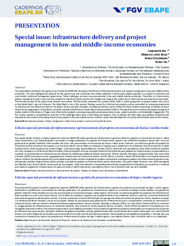 (PDF) Special issue: infrastructure delivery and project management in ...
