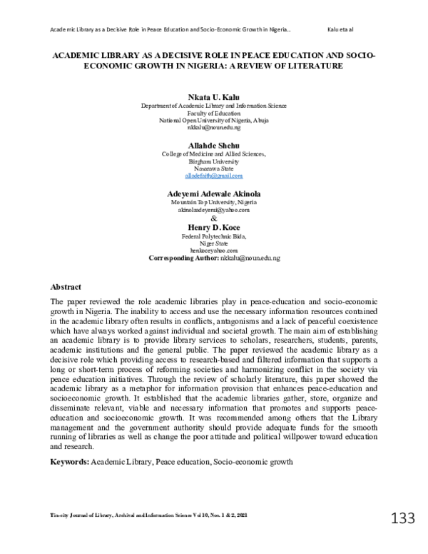 (PDF) Academic Library as a Decisive Role in Peace Education and Socio ...