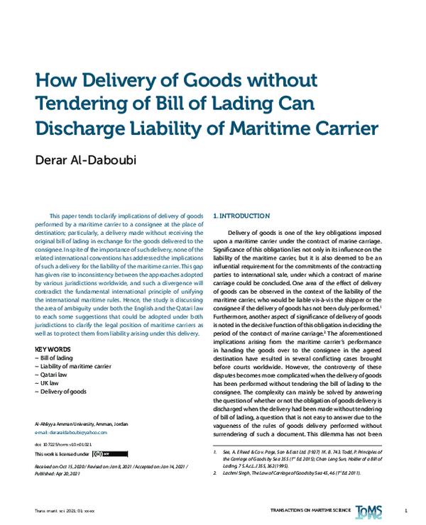 (PDF) How Delivery of Goods without Tendering of Bill of Lading Can ...