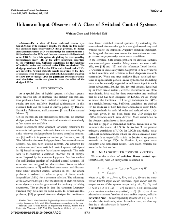 (PDF) Unknown input observer of a class of switched control systems