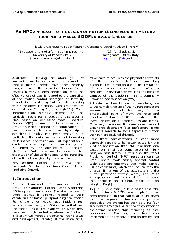 (PDF) An MPC Approach to the Design of Motion Cueing Algorithms for a ...