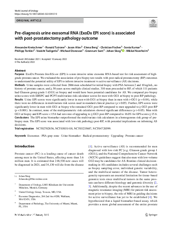 (PDF) Pre-diagnosis urine exosomal RNA (ExoDx EPI score) is associated ...