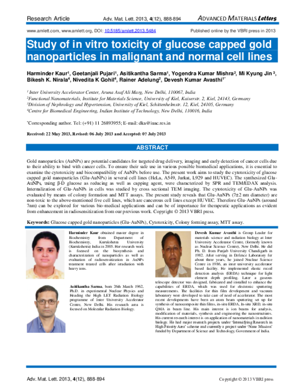 (PDF) Study Of In Vitro Toxicity Of Glucose Capped Gold nanoparticles ...