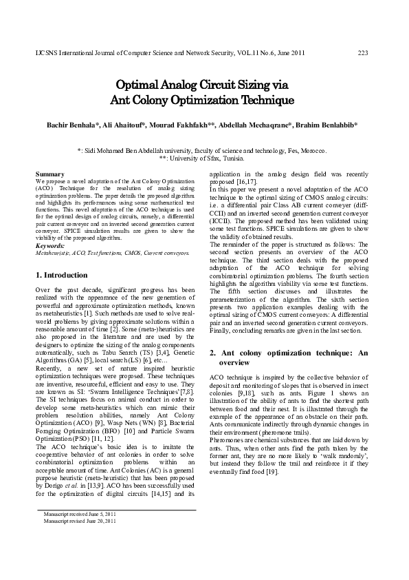 (PDF) Optimal Analog Circuit Sizing via Ant Colony Optimization Technique