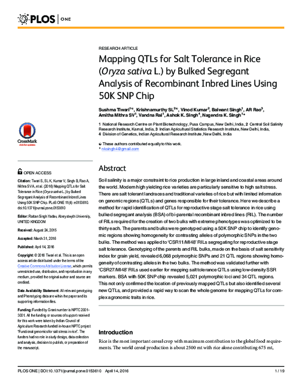 (PDF) Mapping QTLs for Salt Tolerance in Rice (Oryza sativa L.) by ...