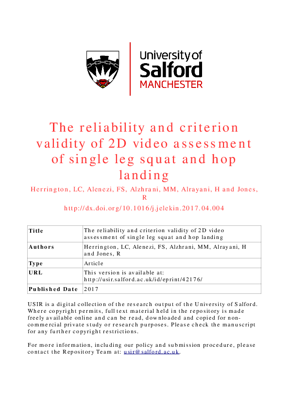 (PDF) The reliability and criterion validity of 2D video assessment of ...