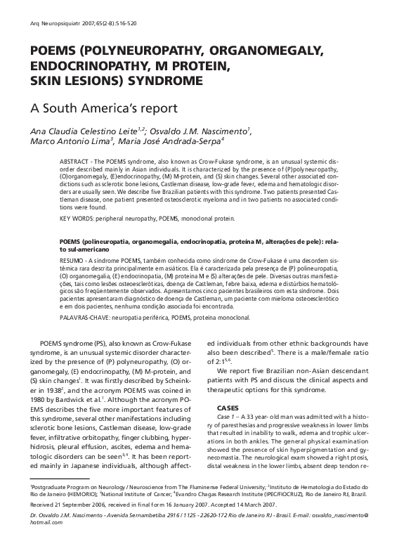 (PDF) POEMS (polyneuropathy, organomegaly, endocrinopathy, M protein ...