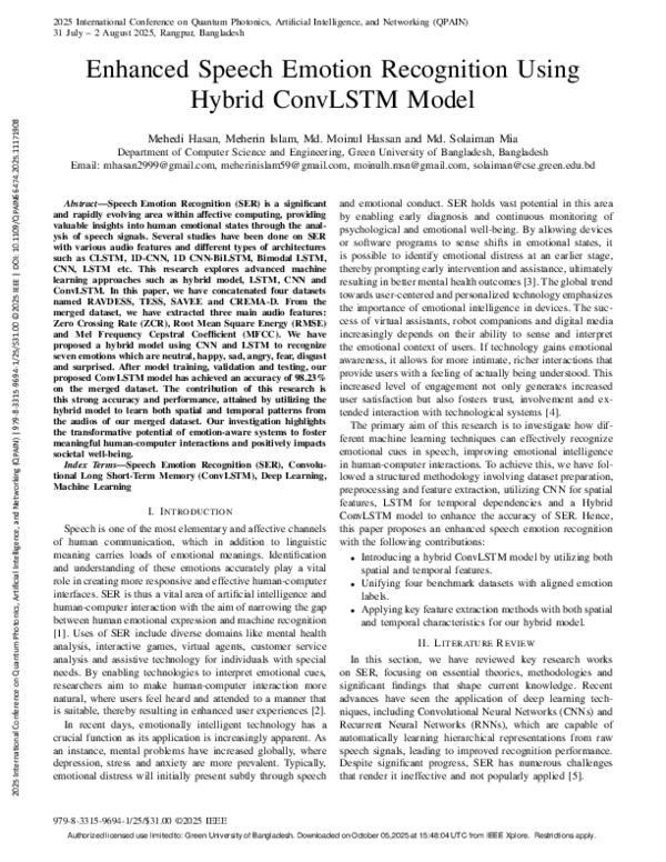 (PDF) Enhanced Speech Emotion Recognition Using Hybrid ConvLSTM Model