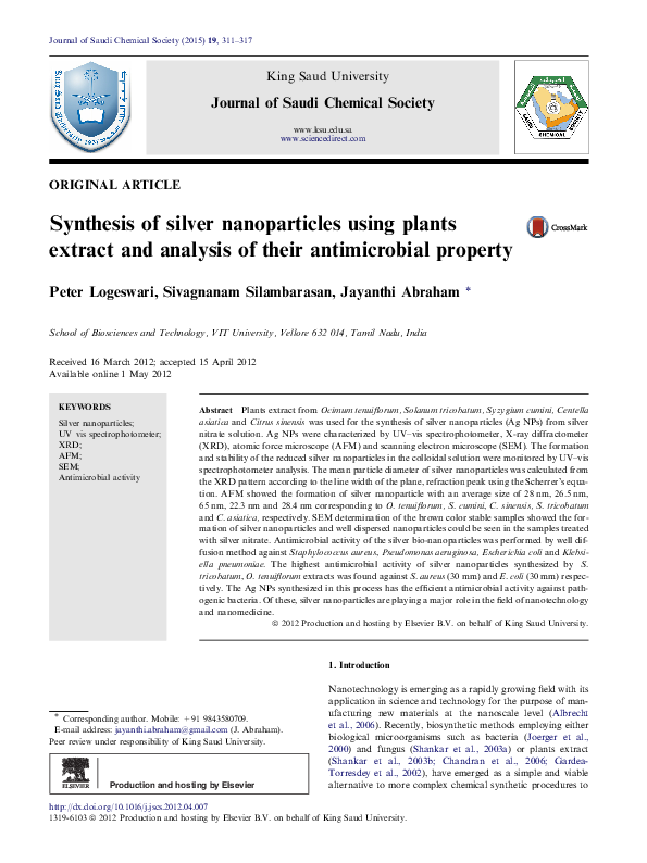 (PDF) Synthesis of silver nanoparticles using plants extract and ...