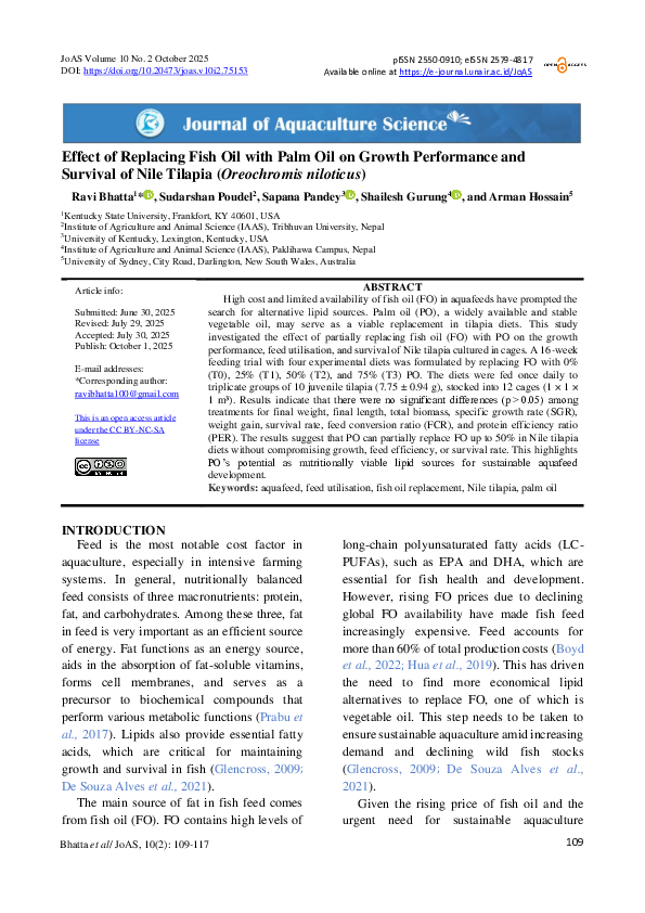 (PDF) Effect of Replacing Fish Oil with Palm Oil on Growth Performance ...
