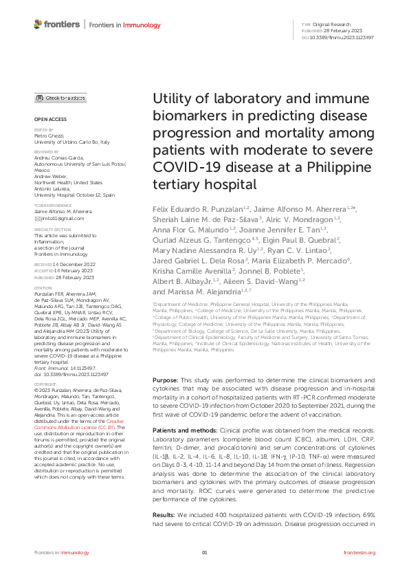 (PDF) Utility of laboratory and immune biomarkers in predicting disease ...