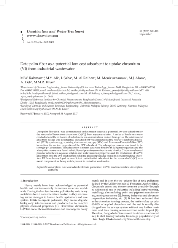 (PDF) Date palm fiber as a potential low-cost adsorbent to uptake ...