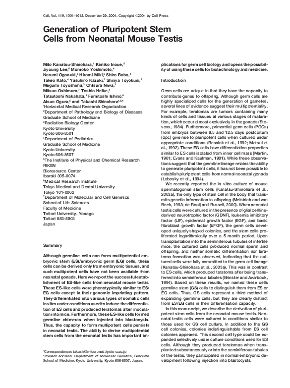 (PDF) Generation of Pluripotent Stem Cells from Neonatal Mouse Testis