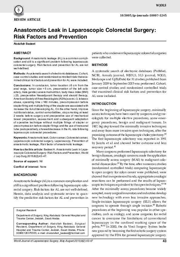 (PDF) Anastomotic Leak in Laparoscopic Colorectal Surgery: Risk Factors ...