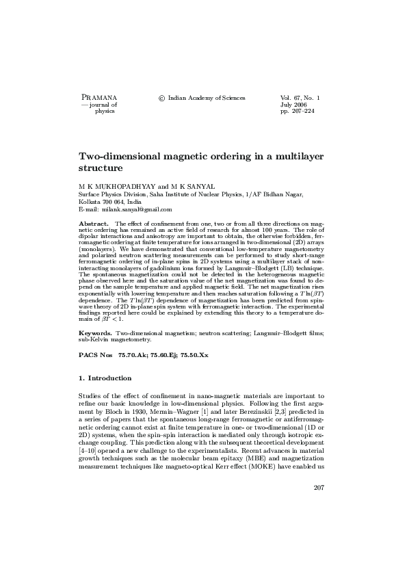 (PDF) Two-dimensional magnetic ordering in a multilayer structure