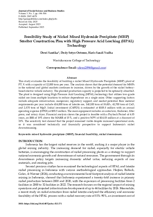 (PDF) Feasibility Study of Nickel Mixed Hydroxide Precipitate (MHP ...