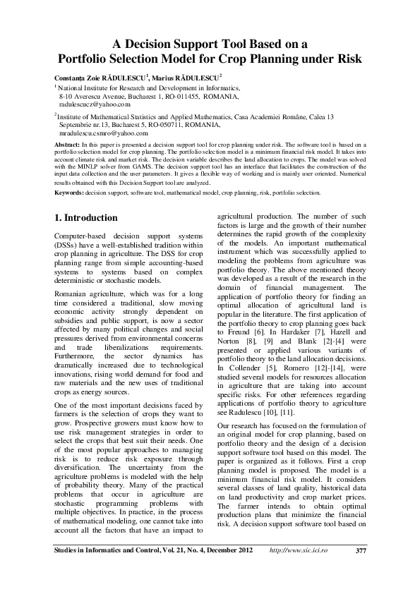 (PDF) A Decision Support Tool Based on a Portfolio Selection Model for ...