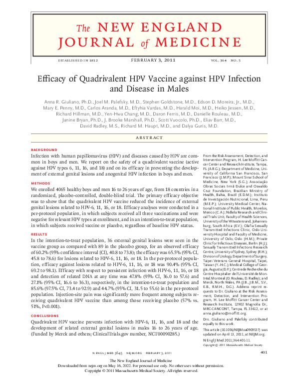 (PDF) Efficacy of Quadrivalent HPV Vaccine against HPV Infection and ...