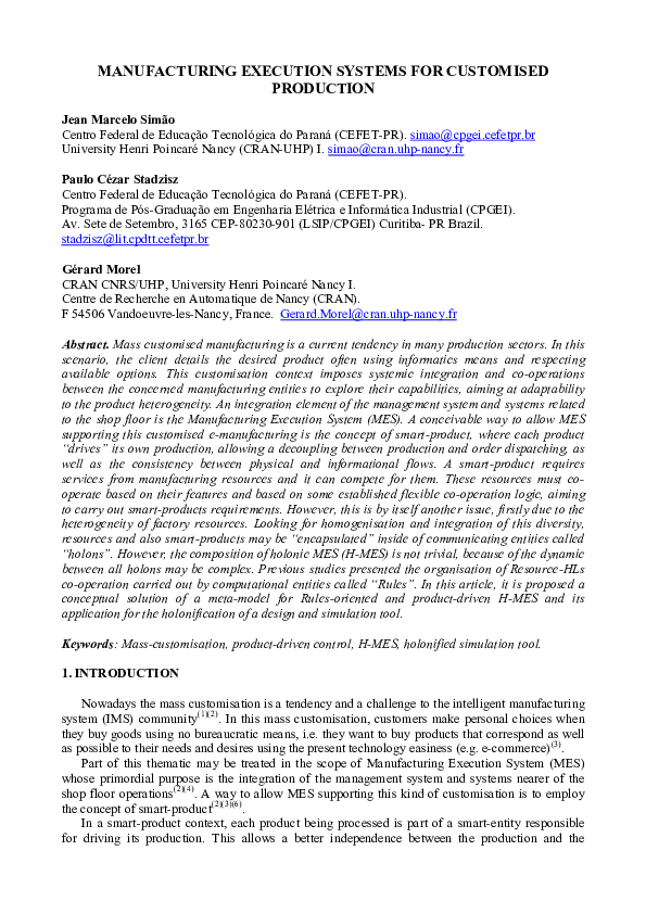 (PDF) Manufacturing execution systems for customized production