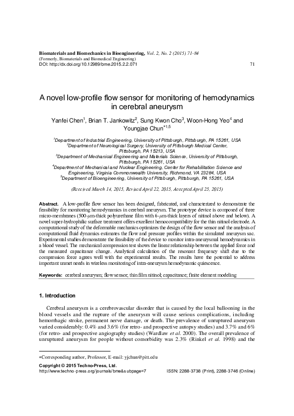 (PDF) A novel low-profile flow sensor for monitoring of hemodynamics in ...
