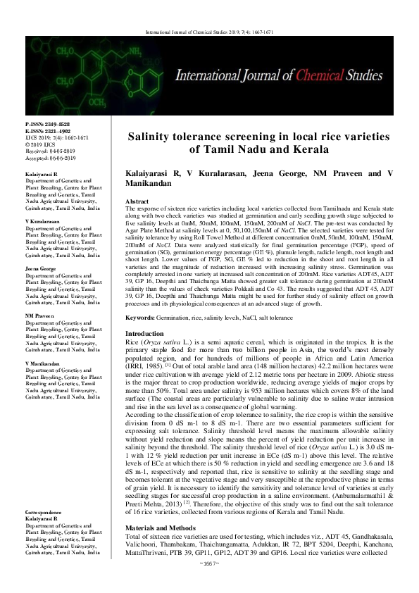 (PDF) Salinity tolerance screening in local rice varieties of Tamil ...