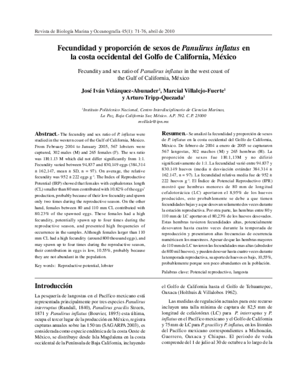 (PDF) Fecundidad y proporción de sexos de Panulirus inflatus en la ...