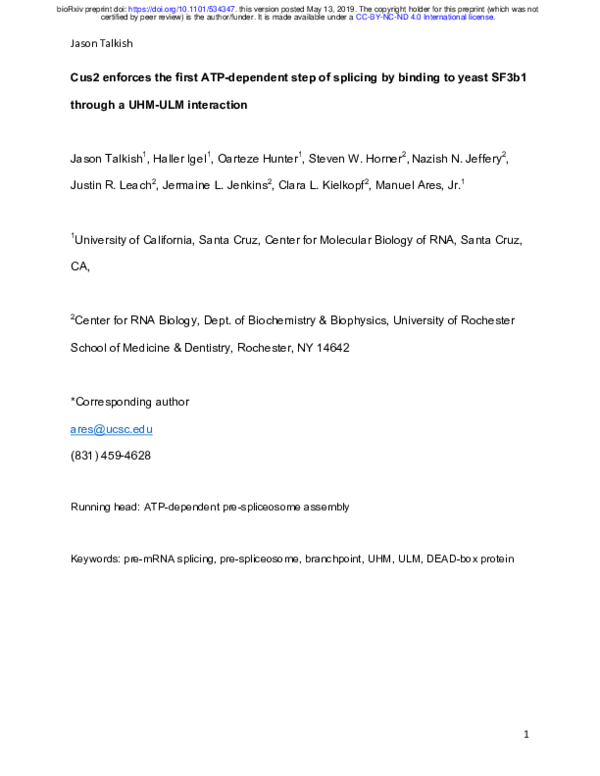 (PDF) Cus2 enforces the first ATP-dependent step of splicing by binding ...