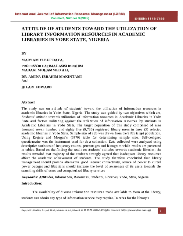 (PDF) ATTITUDE OF STUDENTS TOWARD THE UTILIZATION OF LIBRARY ...