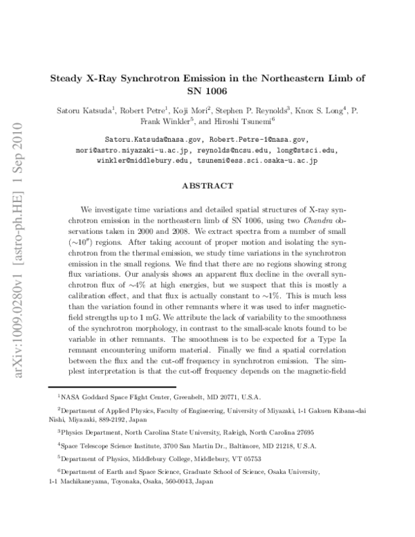 (PDF) Steady X-Ray Synchrotron Emission in the Northeastern Limb of SN 1006