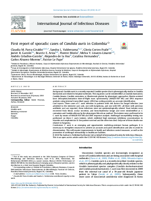 (PDF) First report of sporadic cases of Candida auris in Colombia