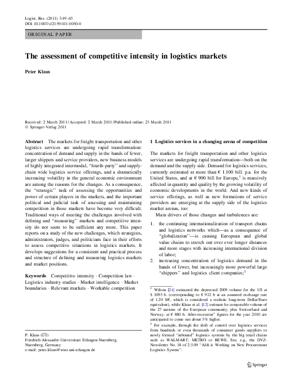 (PDF) The assessment of competitive intensity in logistics markets