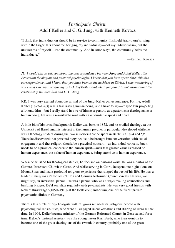(PDF) Participatio Christi: Adolf Keller and C.G. Jung