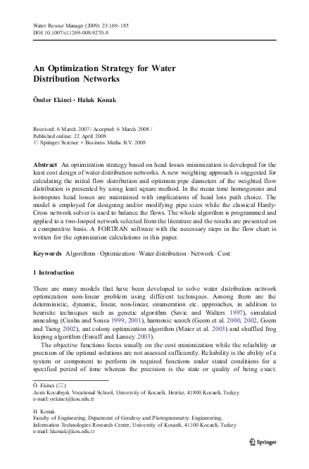(PDF) An Optimization Strategy for Water Distribution Networks