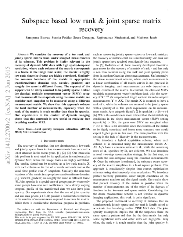 (PDF) Subspace based low rank and joint sparse matrix recovery